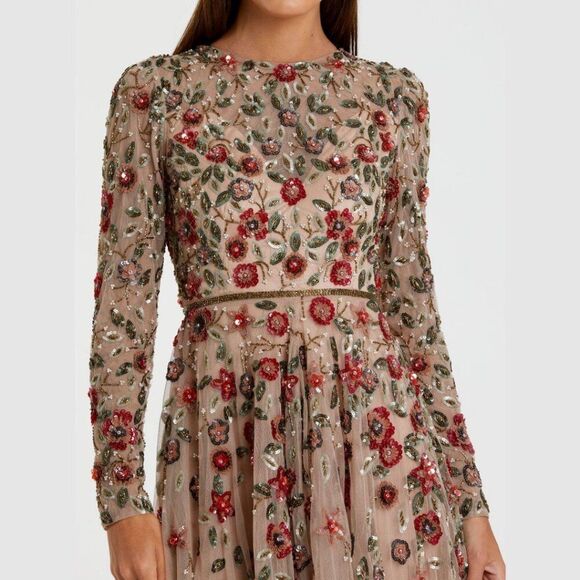 Mac Duggal 5533 Size 6 Beige Red Floral Long Sleeve Beaded Tulle Maxi Dress Gown - Picture 6 of 7
